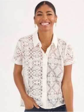 CAbi White Lace Short-Sleeve Button-Down Shirt
